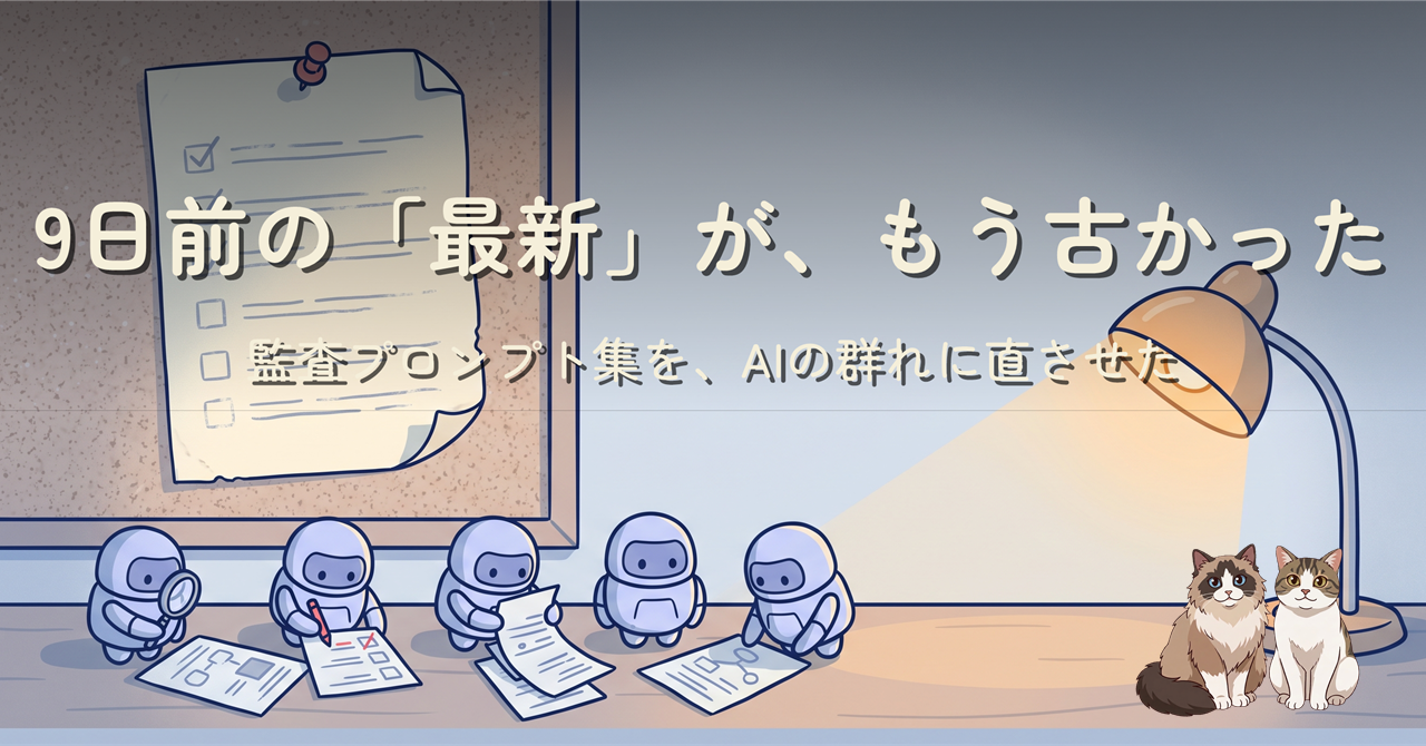 夜の机で小さなロボットたちが書類を点検している監査プロンプト集更新のヒーロー画像