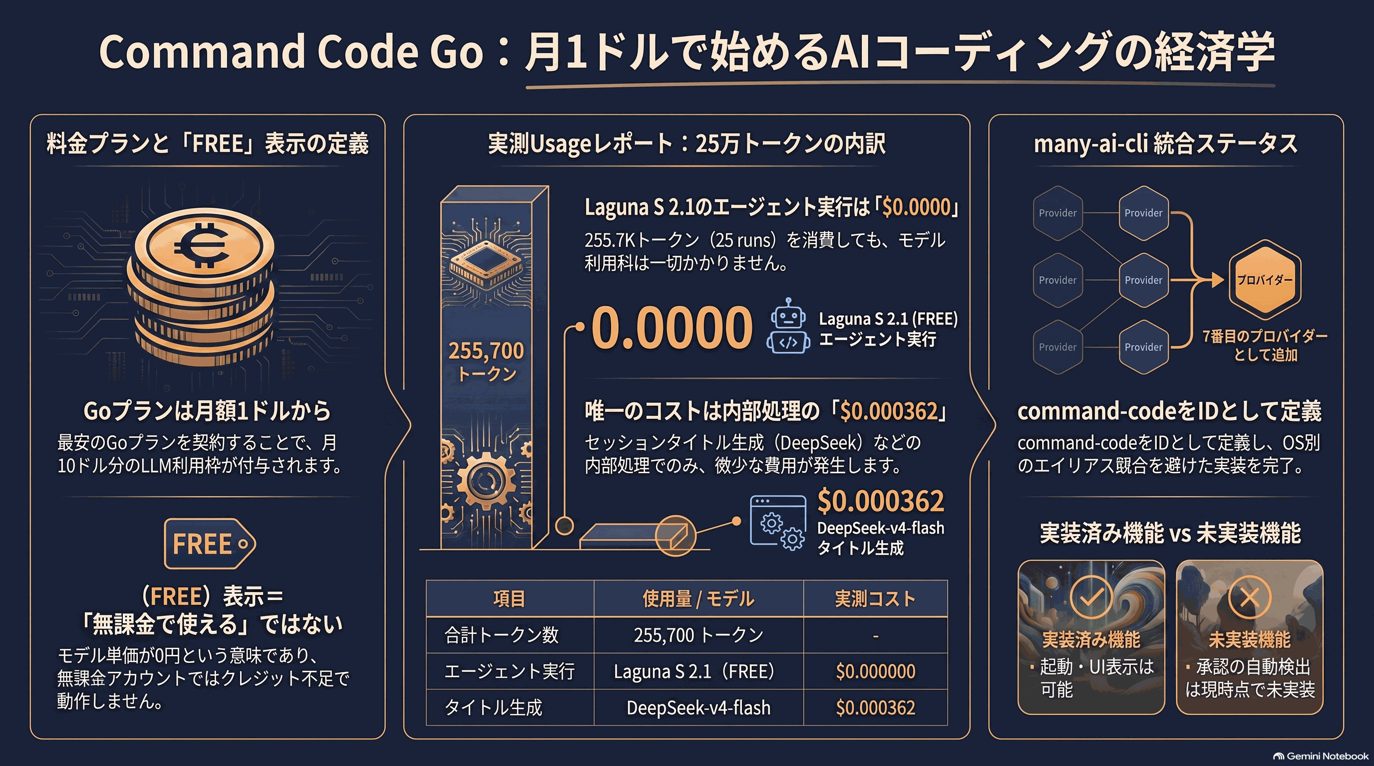 記事の要約。料金プランと FREE 表示の定義、実測 Usage の内訳、many-ai-cli への統合ステータスの 3 本立て
