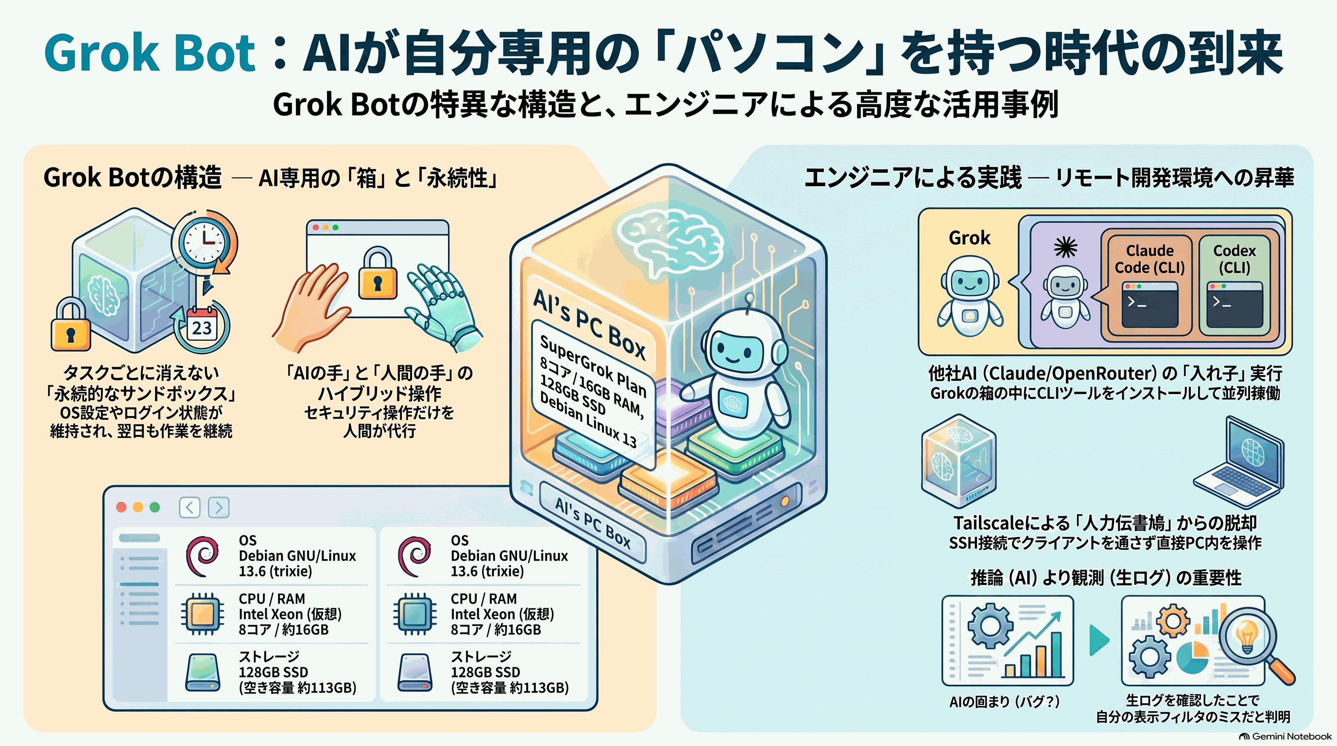 Grok Bot の構造（永続サンドボックス・AI の手と人間の手・Debian 13 / 8 コア / 16GB / 128GB）と、その中で他社 AI の CLI を動かし Tailscale で人力伝書鳩から脱却するまでをまとめたインフォグラフィック