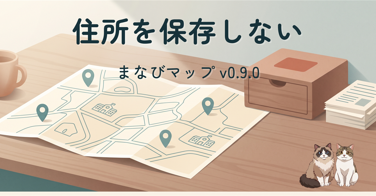 机の上に広げた町の地図。ティール色のピンが数本立ち、隣に木の引き出しと小さく整理された紙の束が置かれている