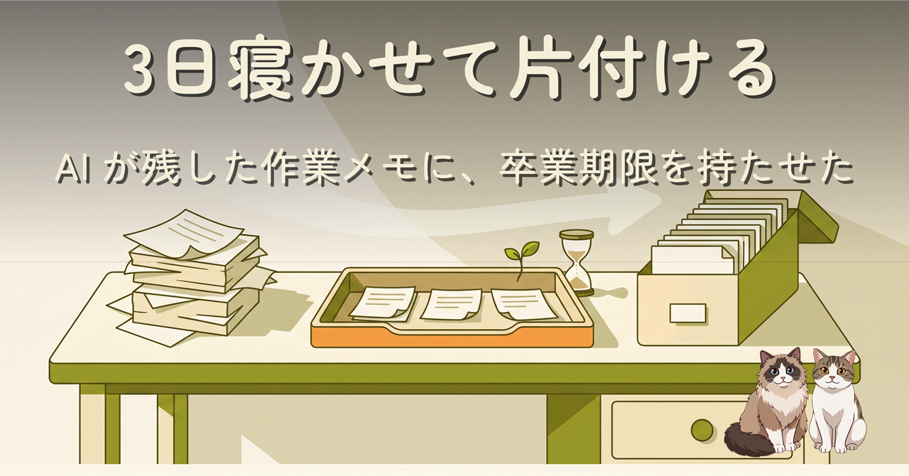 木の作業台。左に散らかった紙のメモ、中央に芽と砂時計を添えたトレー、右に整理済みの書類箱が並ぶ編集イラスト
