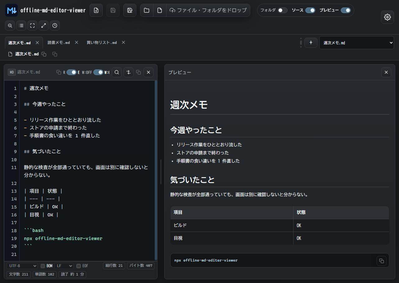 3 つの文書をタブで開き、左にエディタ、右にプレビューを表示している画面