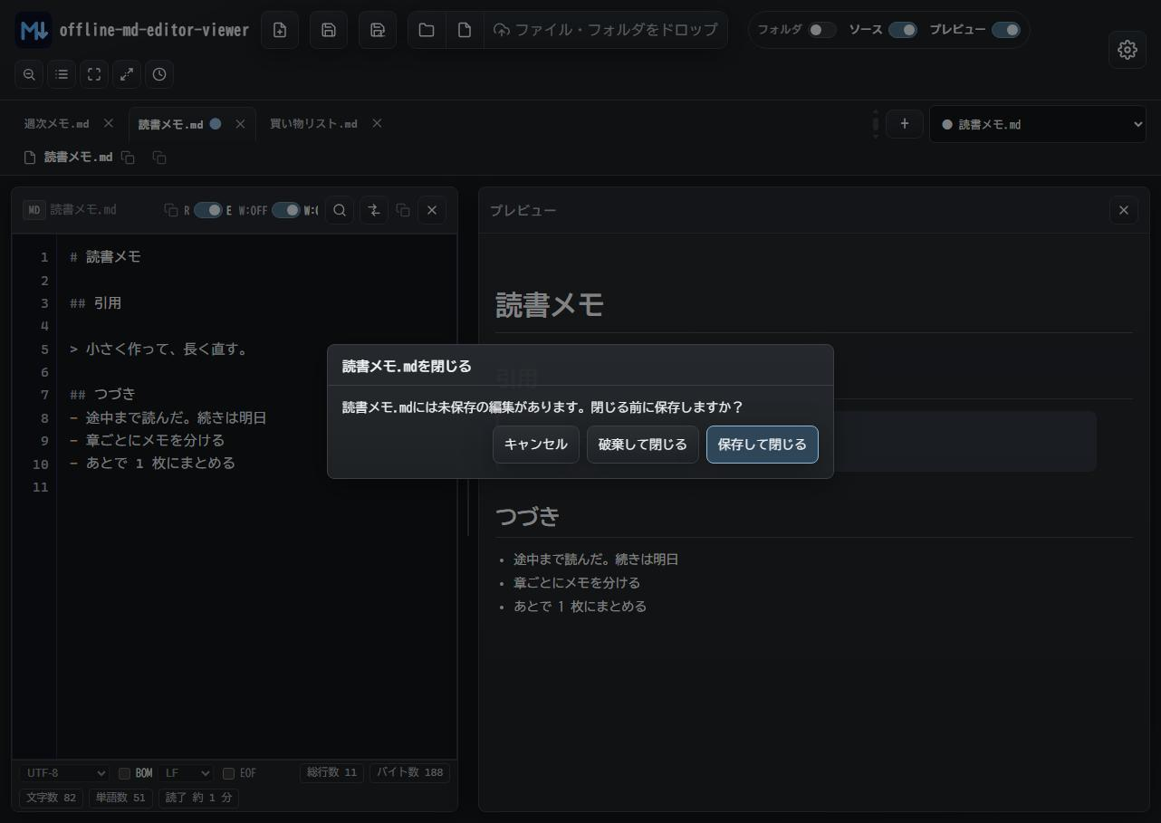 未保存のタブを閉じるときの確認ダイアログ。対象のファイル名が表示されている