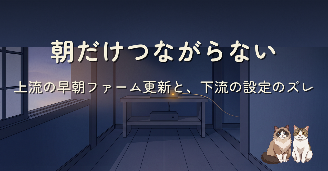 夜明け前の薄暗い部屋。棚の上段の通信機器だけがアンバー色に灯り、下段の機器は消えているヘッダー画像