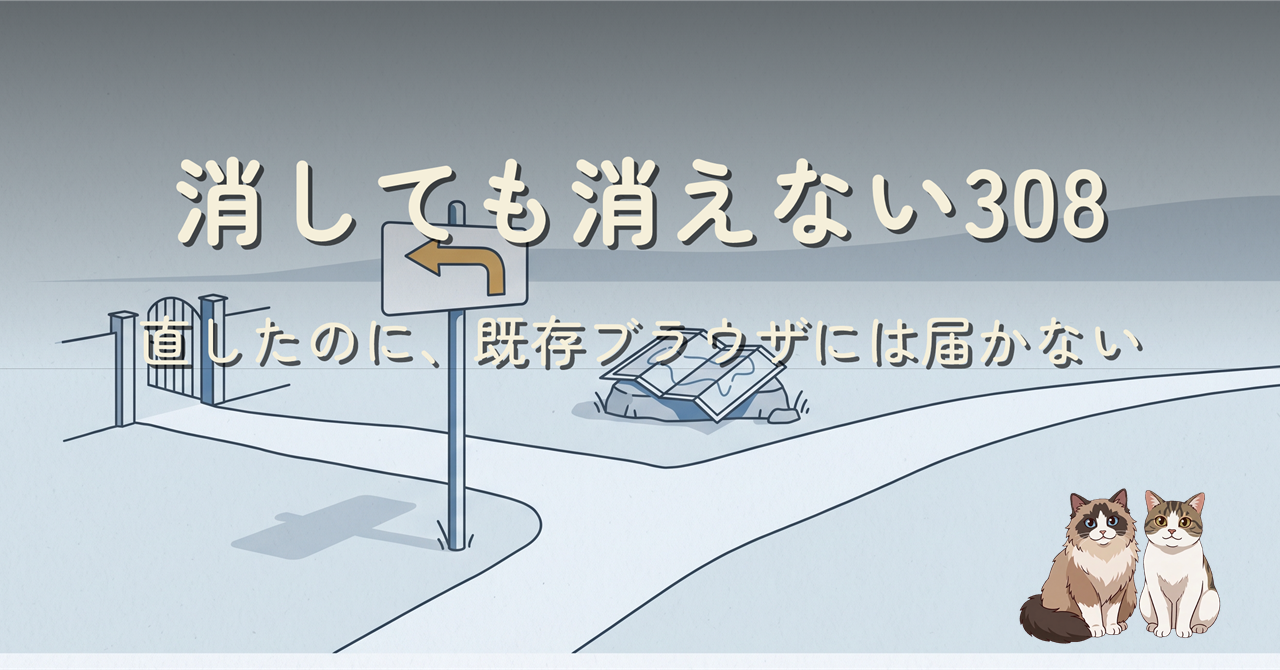 淡い青灰色の道に立つ道標。矢印が来た方の門へ向かって折れ曲がり、道が自分自身へ戻っているヘッダー画像