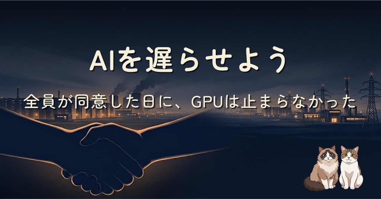 夜の工業地帯を背景に、ネイビーの影の手が握手している情景。背後ではデータセンターと送電塔がアンバーに光っている