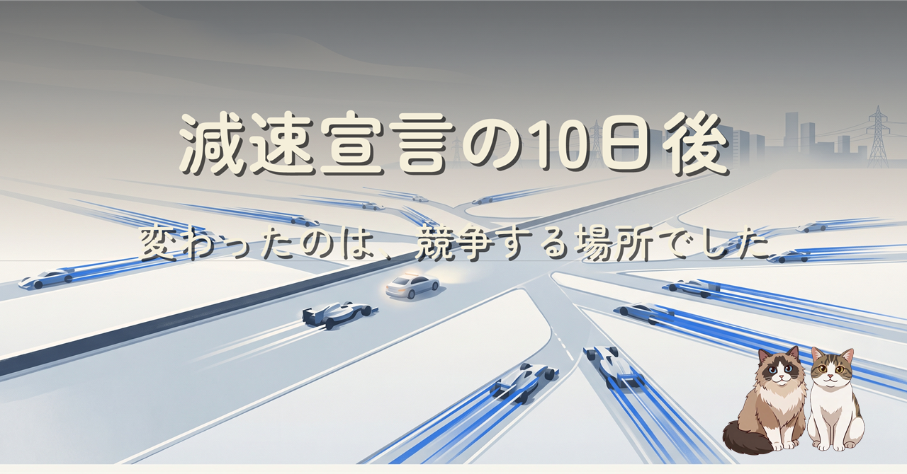 霧のかかった白い平原で、中央の道路から新しい車線がいくつも放射状に分かれ、青い光の尾を引いた車が各車線を走っている。右下に猫が 2 匹座っている