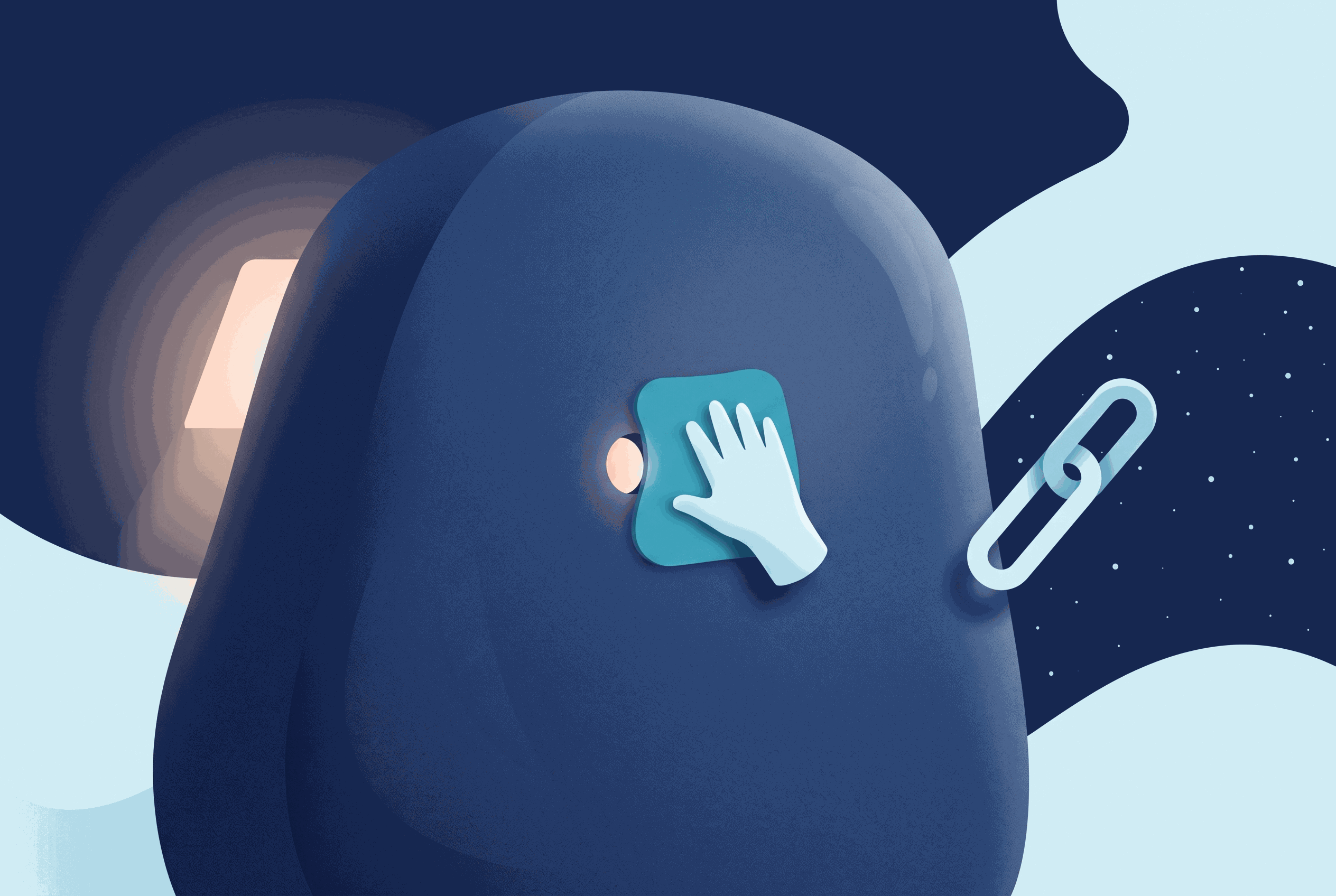 壁の小さな穴に当て布を当てて塞いでいるイラスト。外側で鎖の輪が待っている