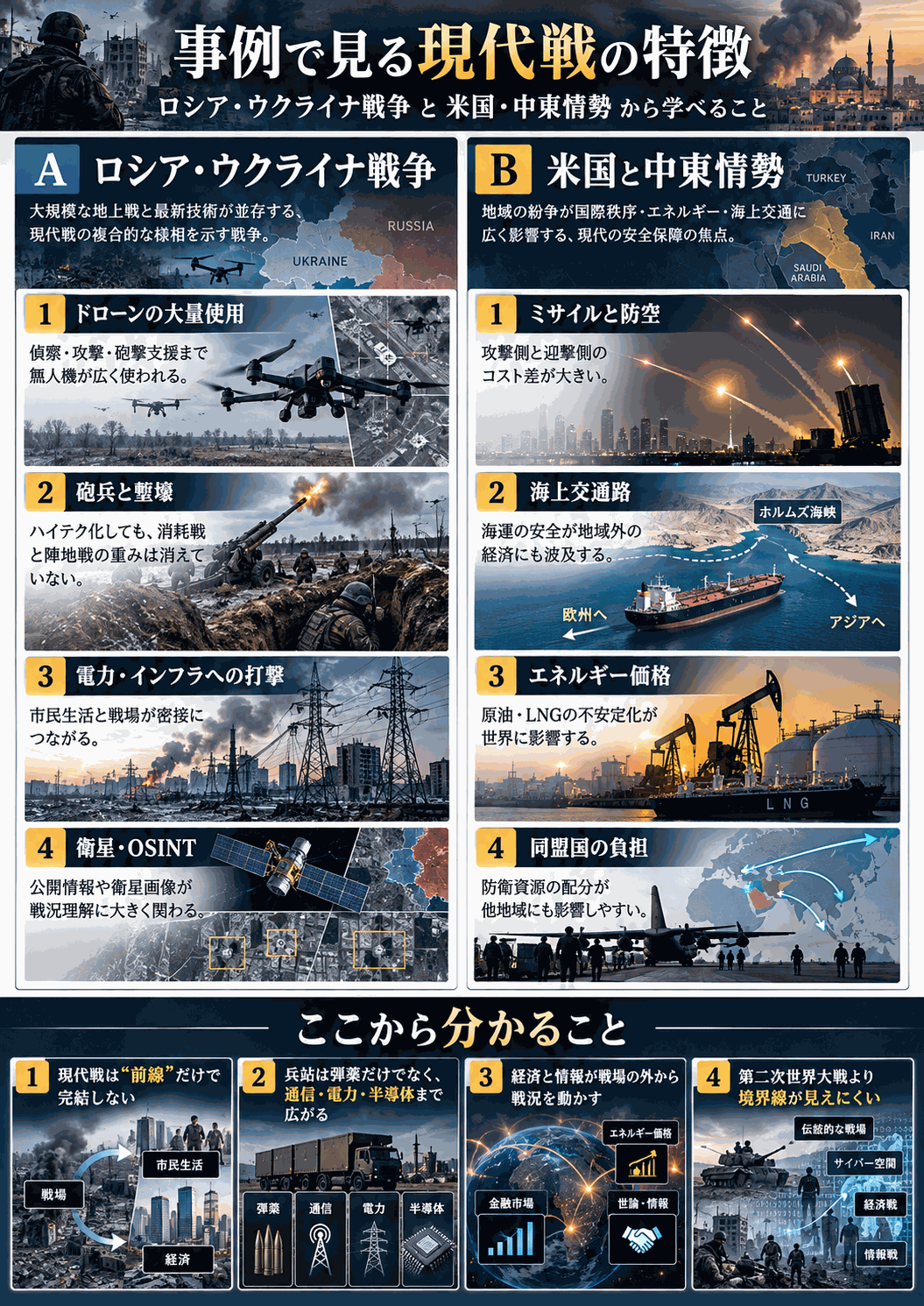ロシアとウクライナの戦争と、米国と中東情勢の 2 つの事例から、ドローン、砲兵と塹壕、電力、衛星と OSINT、ミサイルと防空、海上交通路、エネルギー価格、同盟国の負担をまとめた図