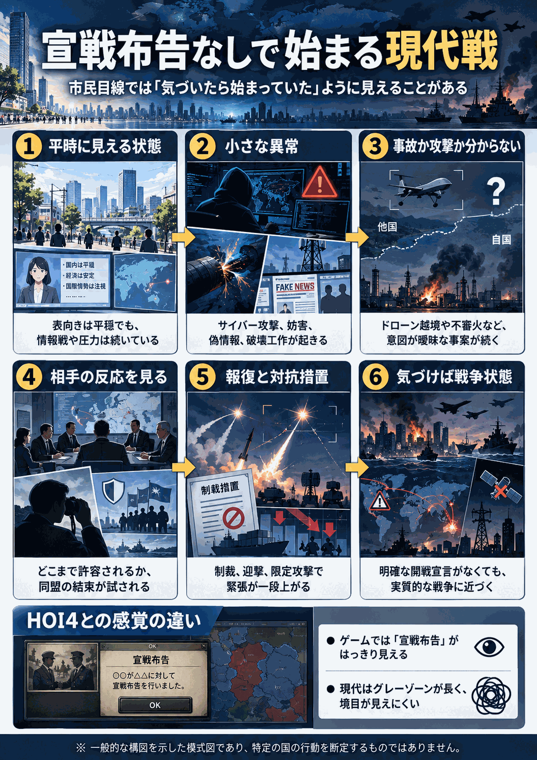平時に見える状態、小さな異常、事故か攻撃か分からない事案、相手の反応の見極め、報復と対抗措置、気づけば戦争状態、と 6 段で進む流れと、HOI4 との感覚の違いを示した図