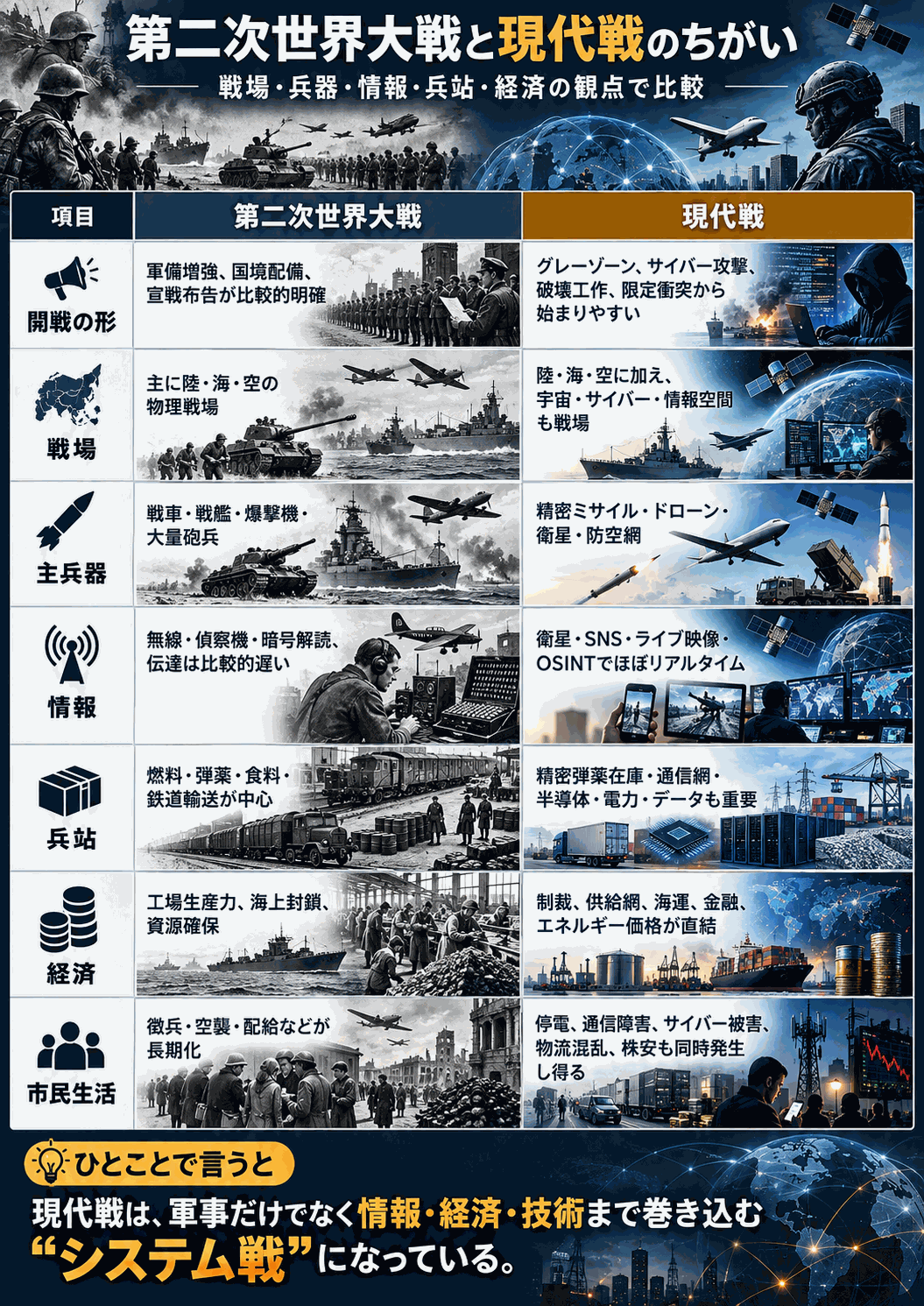 開戦の形、戦場、主兵器、情報、兵站、経済、市民生活の 7 項目で第二次世界大戦と現代戦を比べた表