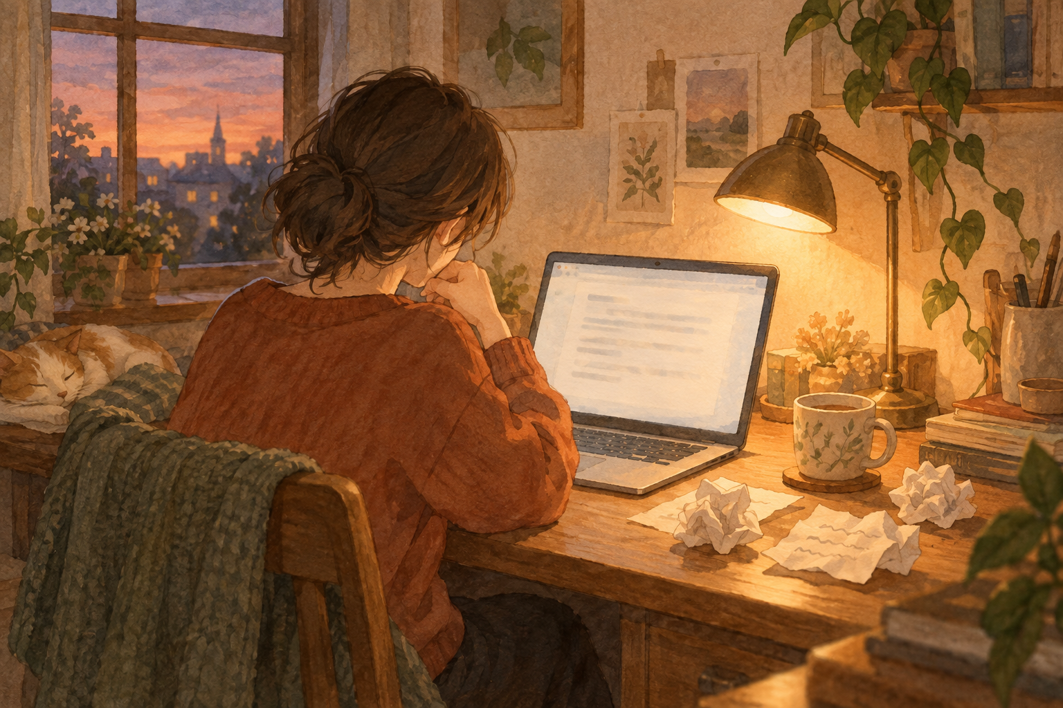 夕暮れの机で、ノートパソコンの文面を読み返す人のイラスト