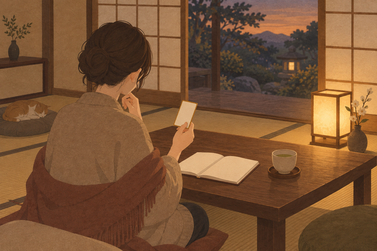 札を 1 枚手に、ノートを前にして何を聞くかを考えている人のイラスト
