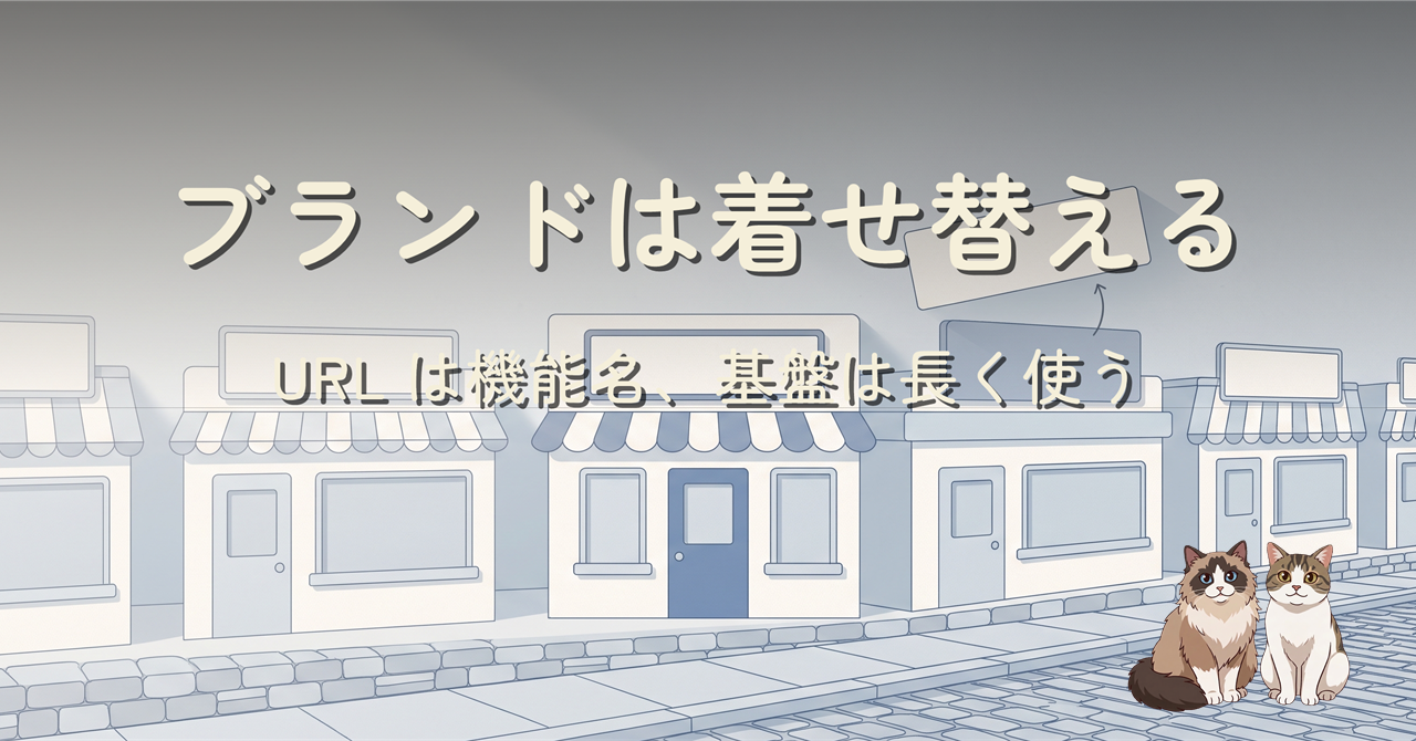 淡い青灰色の商店街で、白紙の看板を別の看板へ掛け替えているヘッダー画像
