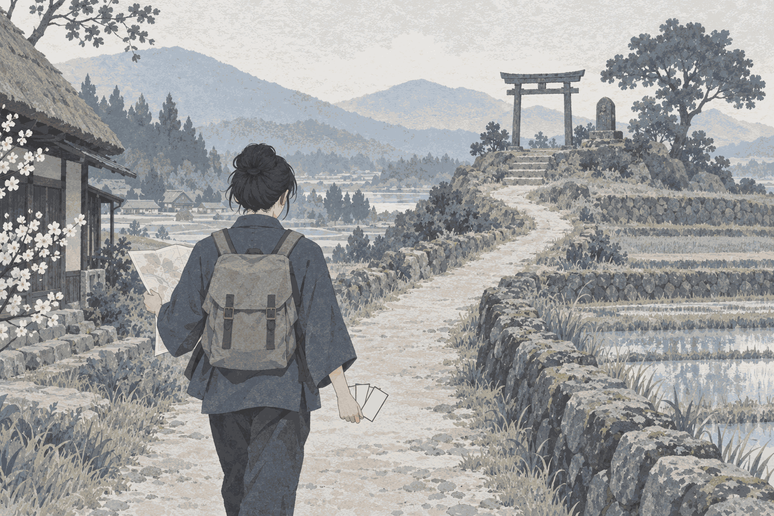 地図と札を手に、鳥居のある田舎道を歩いていく人のイラスト
