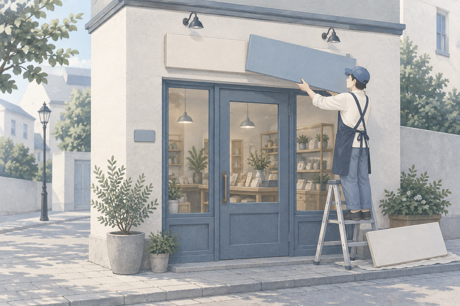 同じ建物のまま、はしごに乗って看板だけを掛け替えている人のイラスト