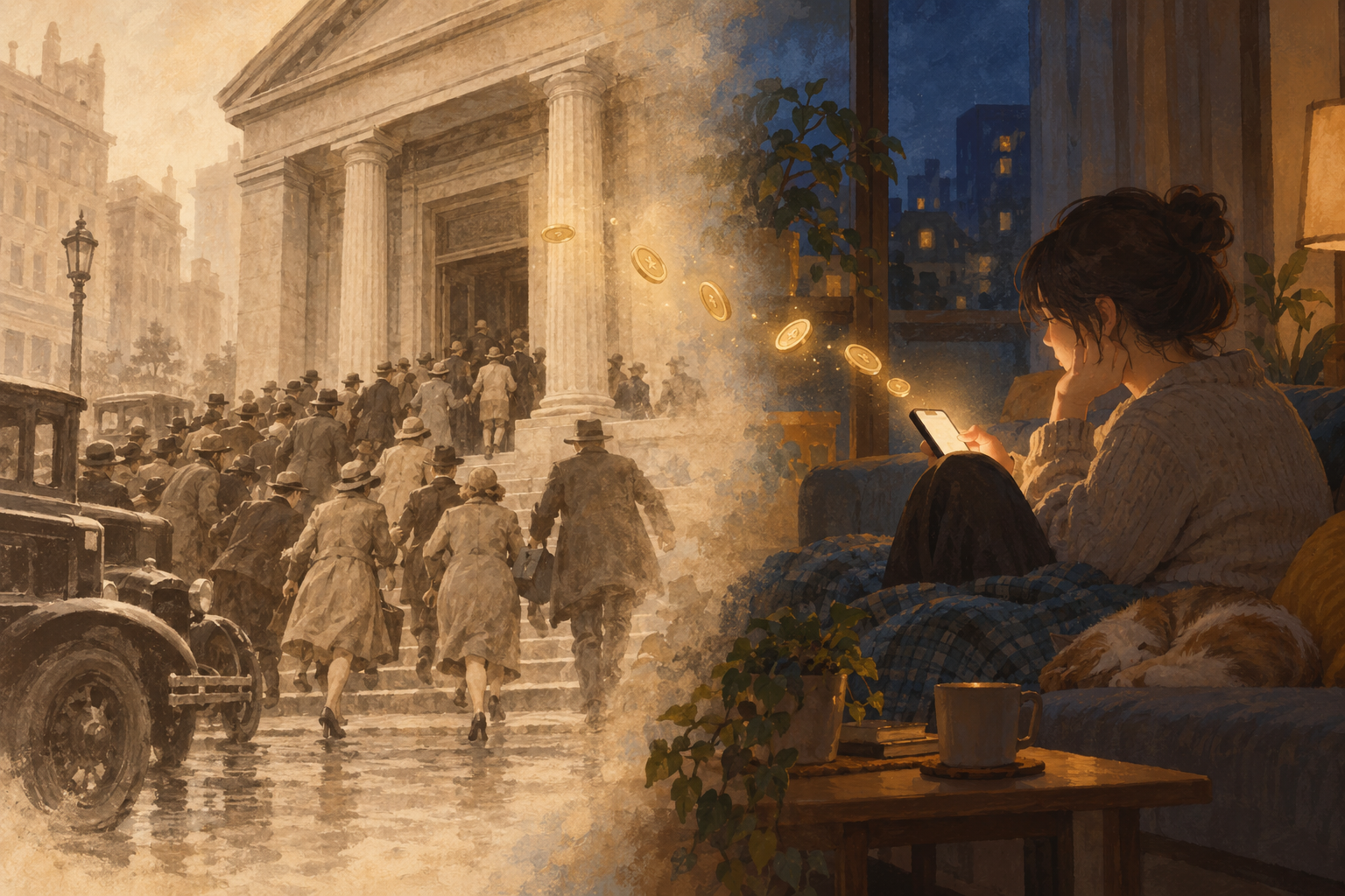 昔の銀行の階段に人々が押し寄せる場面と、夜のソファでスマホを見る人が光る硬貨を送り出す場面を、境目でつないだ絵