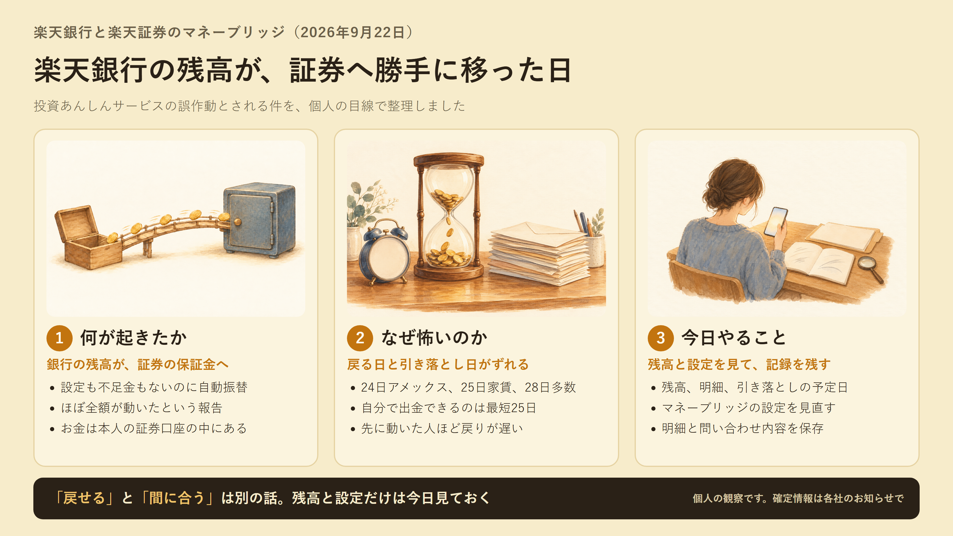 楽天銀行の残高が証券へ移った件を、何が起きたか、なぜ怖いか、今日やることの 3 つに分けて並べた図解