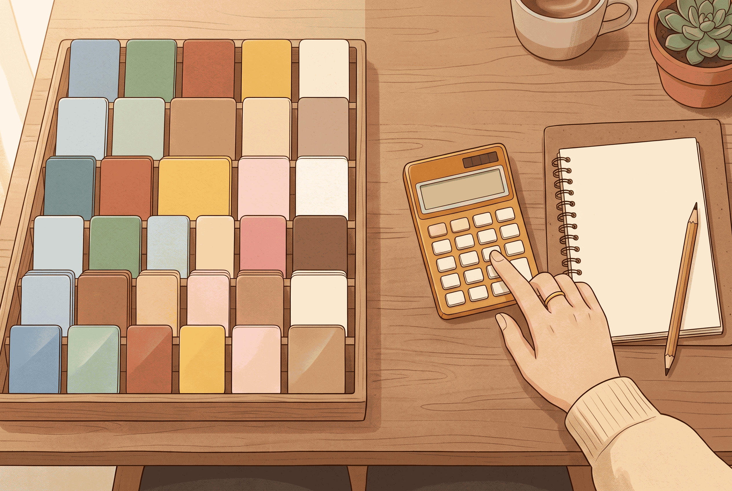 色とりどりのカードが棚に並ぶ木のトレイの隣で、電卓のキーを指で押している手の絵。ノートと鉛筆も机に置かれている
