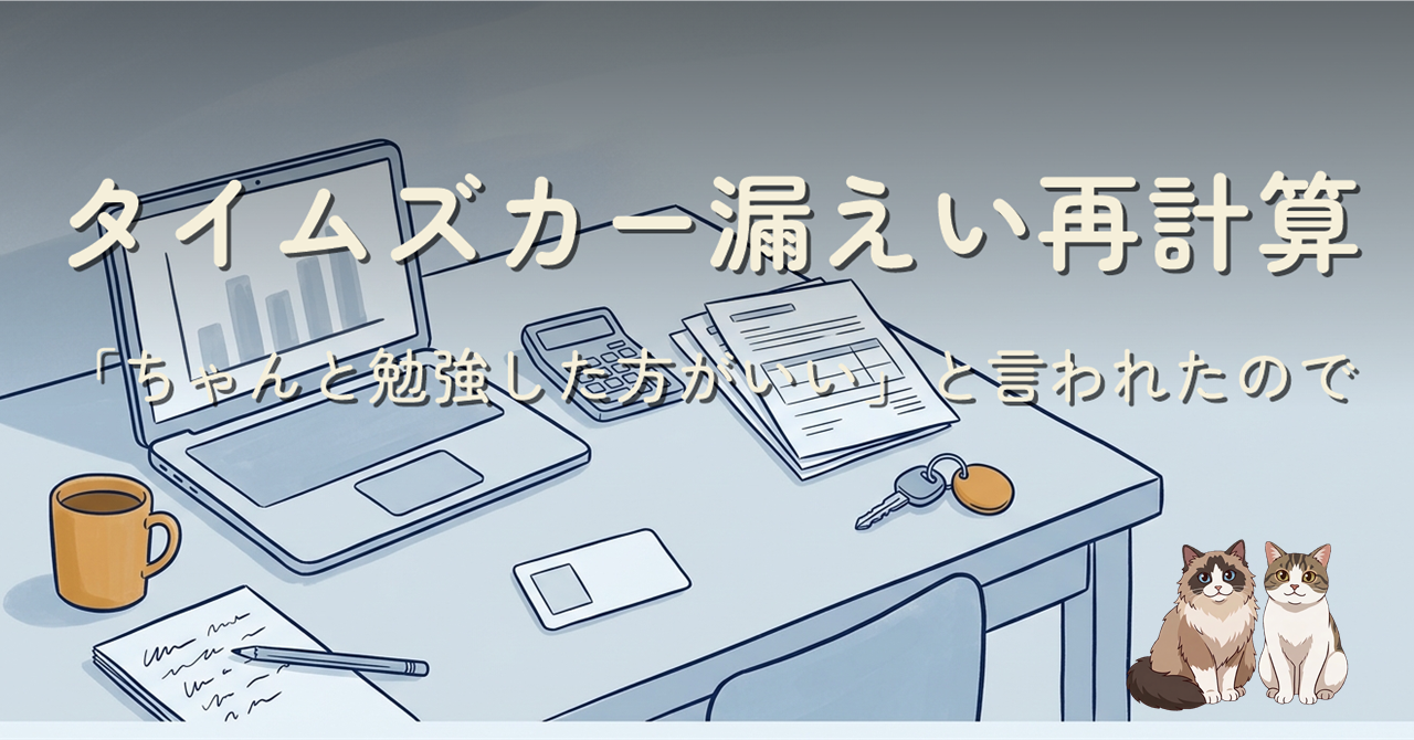 朝の机に置かれたノートパソコン、電卓、書類、車の鍵、白紙の身分証カード、コーヒー。タイトル『タイムズカー漏えい再計算』と2匹の猫が描かれたヒーロー画像