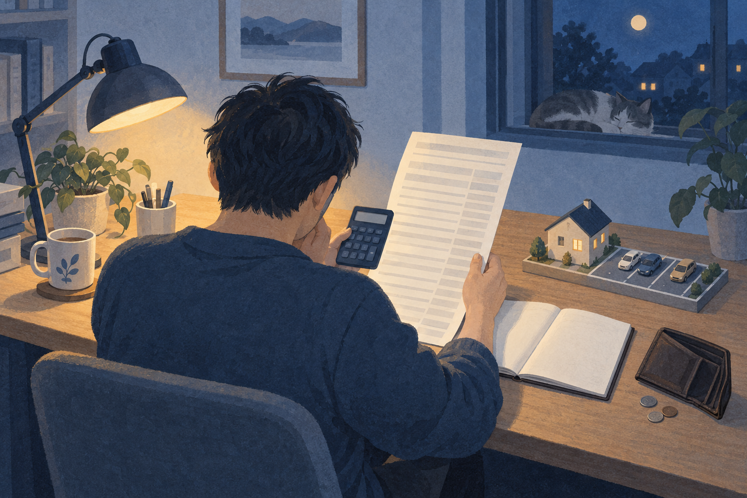 夜のデスクで報告書と電卓を手にする人の後ろ姿。机には小さな家と駐車場の模型、薄い財布