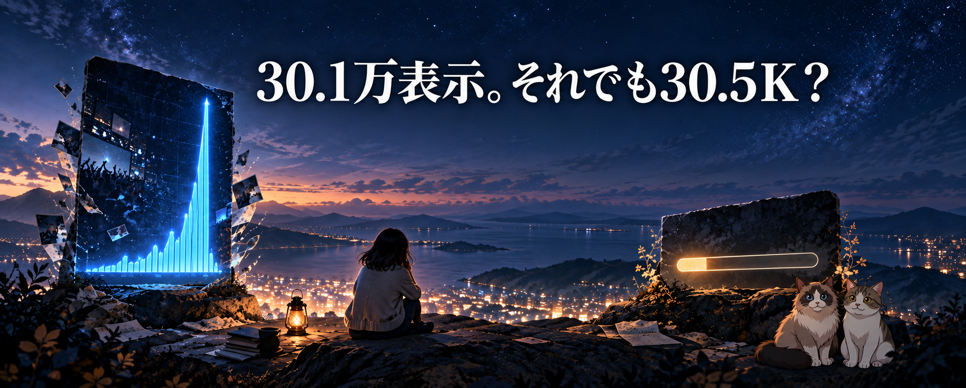 大きく伸びた表示回数の山と、まだ短い収益化条件の進捗バーを対比したヒーロー画像