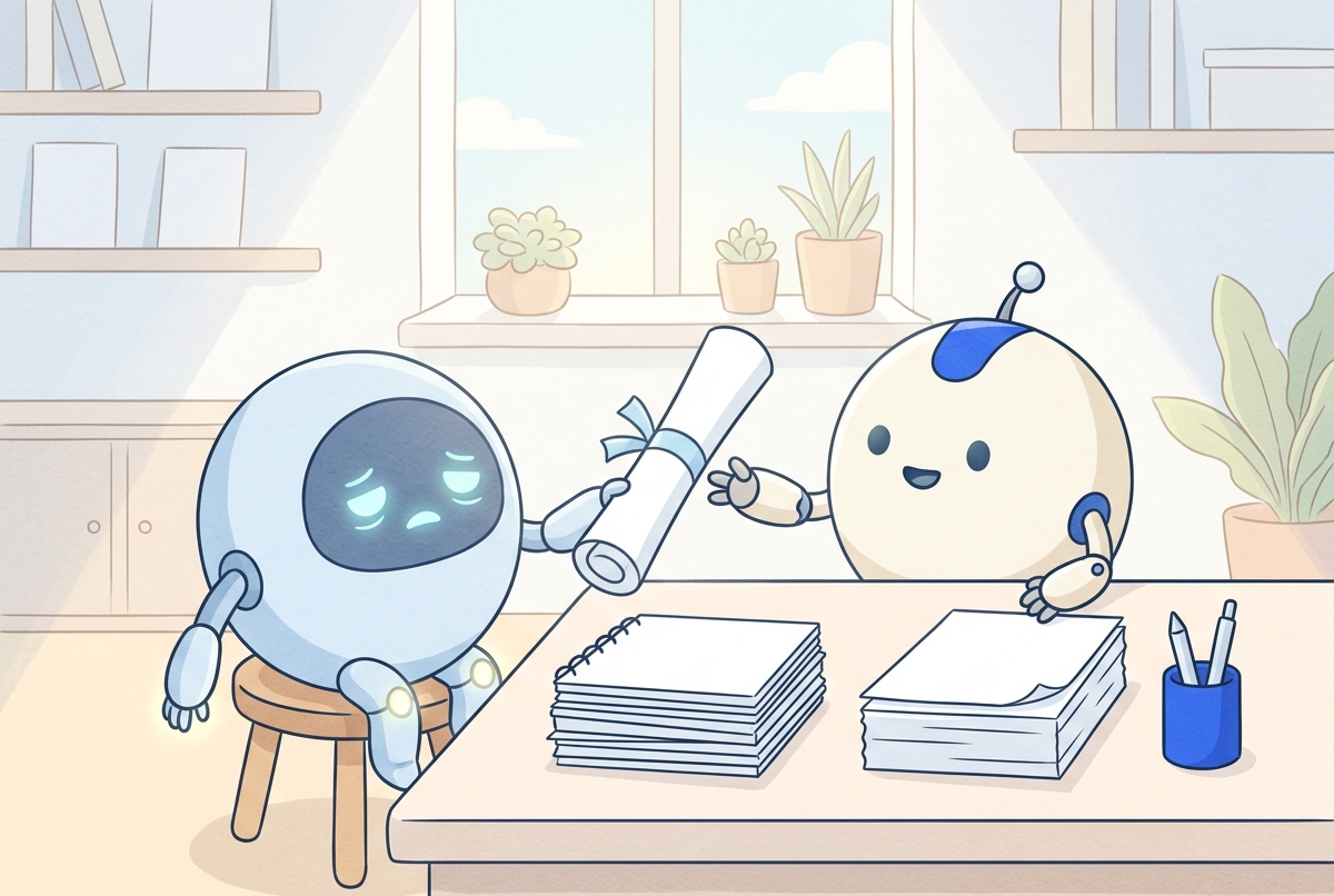 明るい作業部屋で、疲れた小さなロボットが丸めた紙をバトンのように別のロボットへ渡している絵