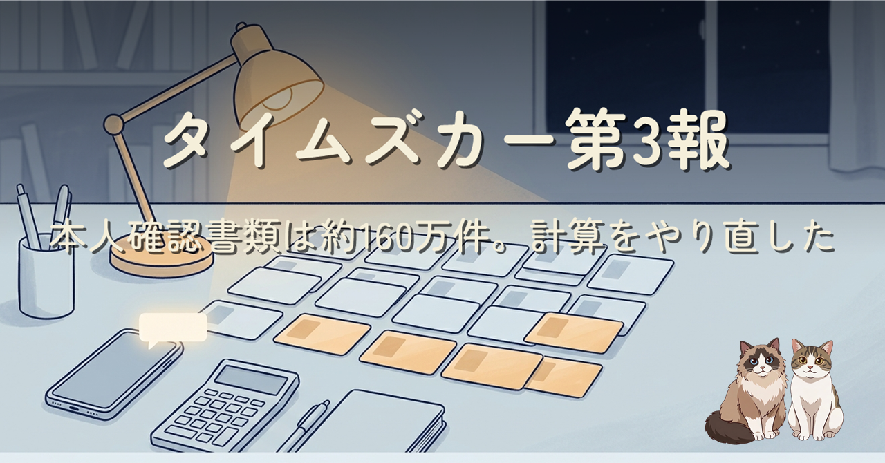 夜の机にデスクライト、スマホ、電卓、白紙のカードが並び、そのうち約4分の1が手前に引き出されて橙色になっている。タイトル『タイムズカー第3報』と2匹の猫が描かれたヒーロー画像