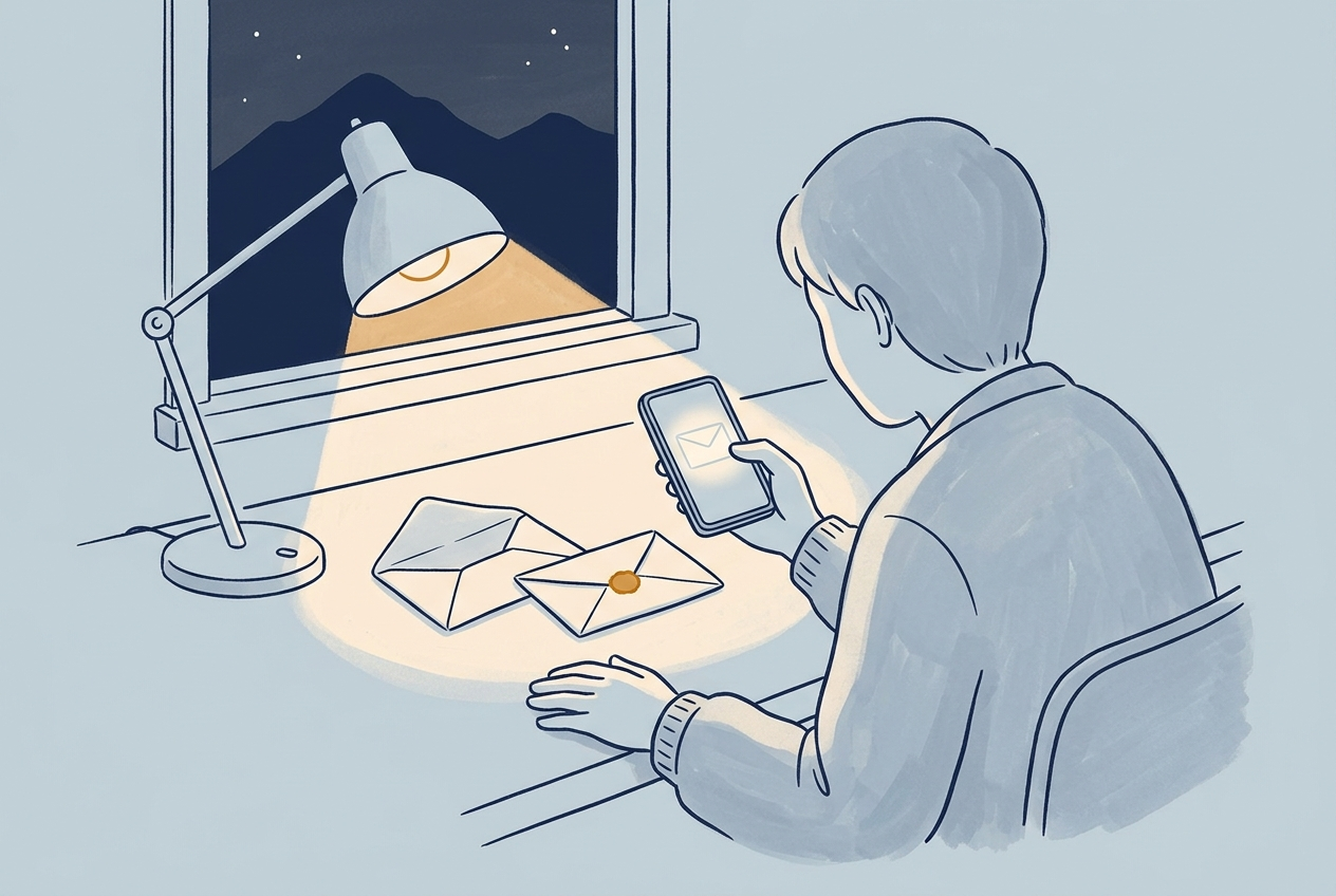 夜の机でスマホを見る人の後ろ姿。デスクライトの下に、開封済みの封筒と、橙色の封がされた新しい封筒