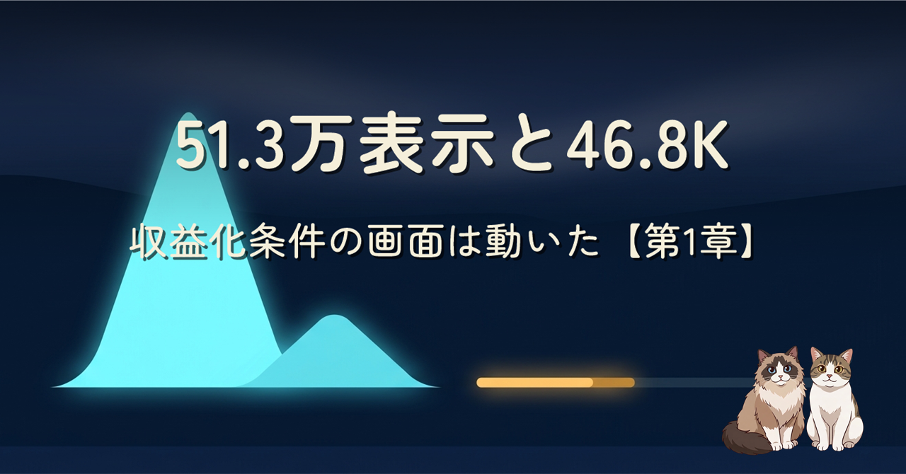 高く伸びた表示回数の山と、少しだけ伸びた収益化条件の進捗バーを描いたヒーロー画像
