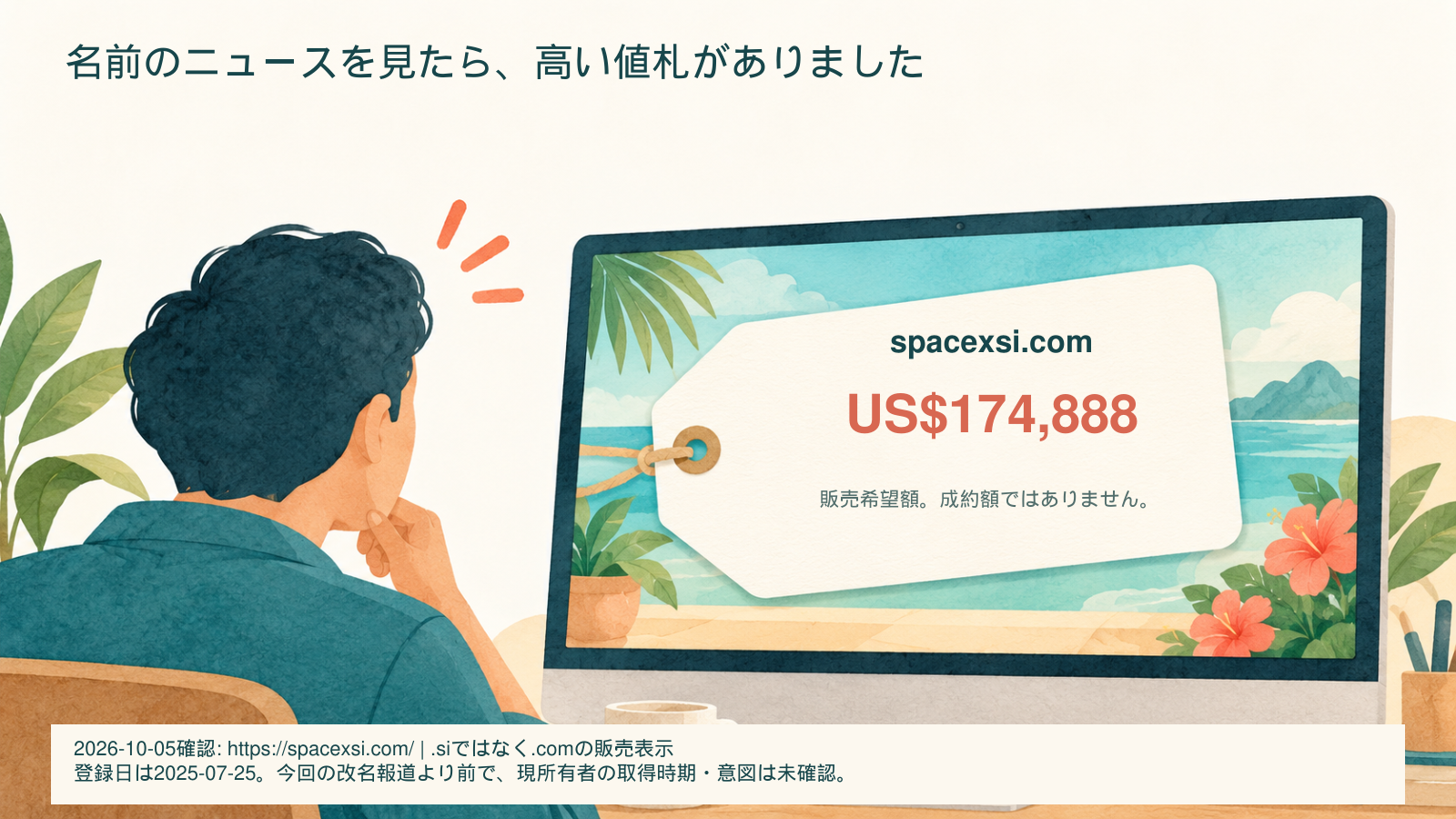 ドメイン販売ページの高い値札を前に考え込む人物