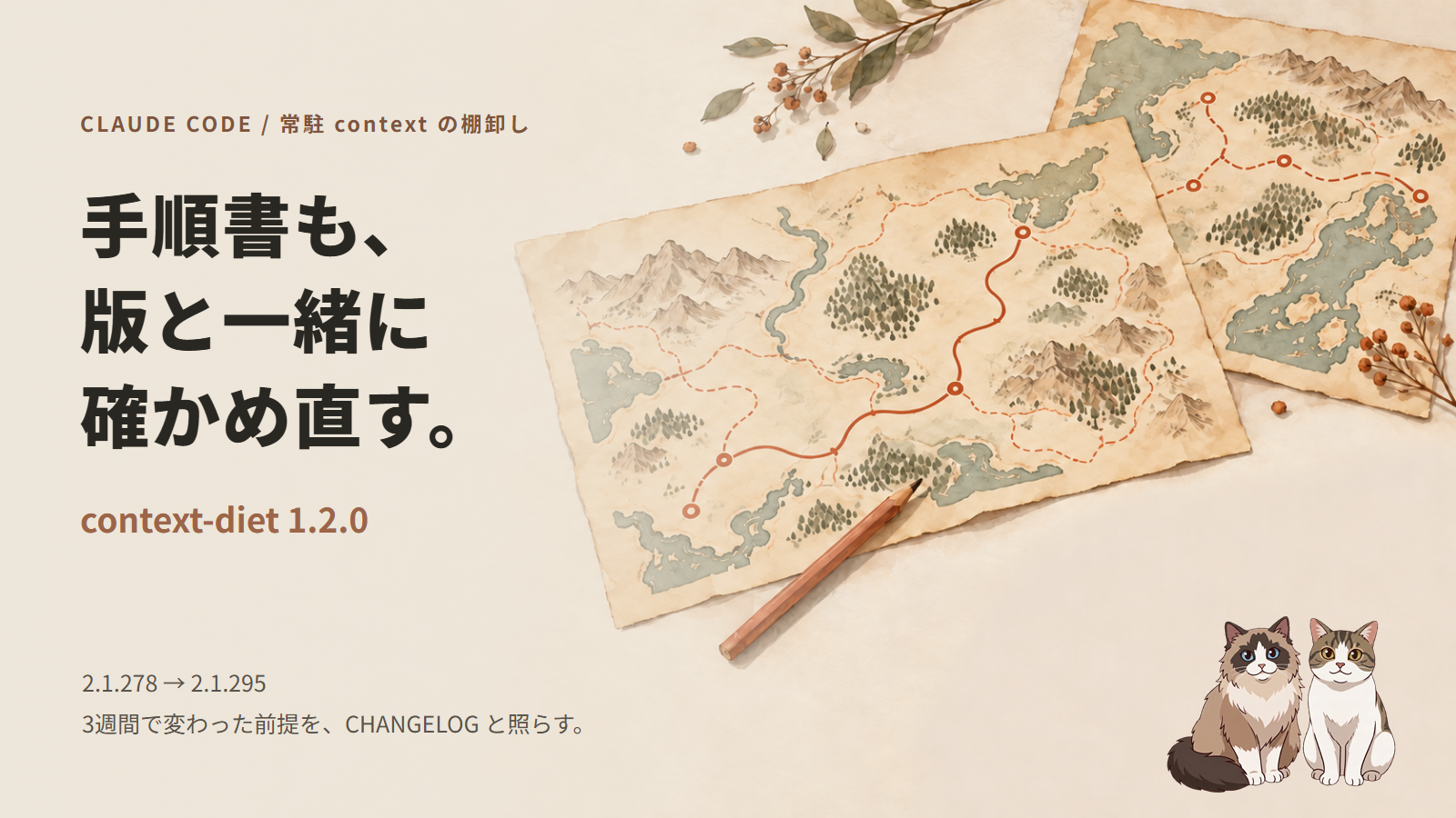 古い地図と新しい地図、鉛筆が置かれた机のそばに猫が2匹。見出しは「手順書も、版と一緒に確かめ直す。」context-diet 1.2.0