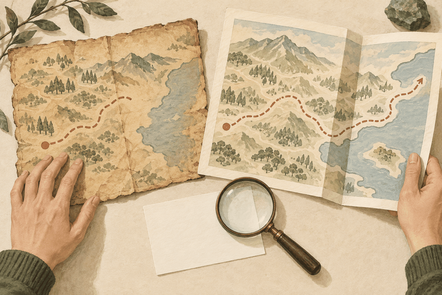 古い地図と新しい地図を照らし、検索結果が空になった理由を確かめる手元