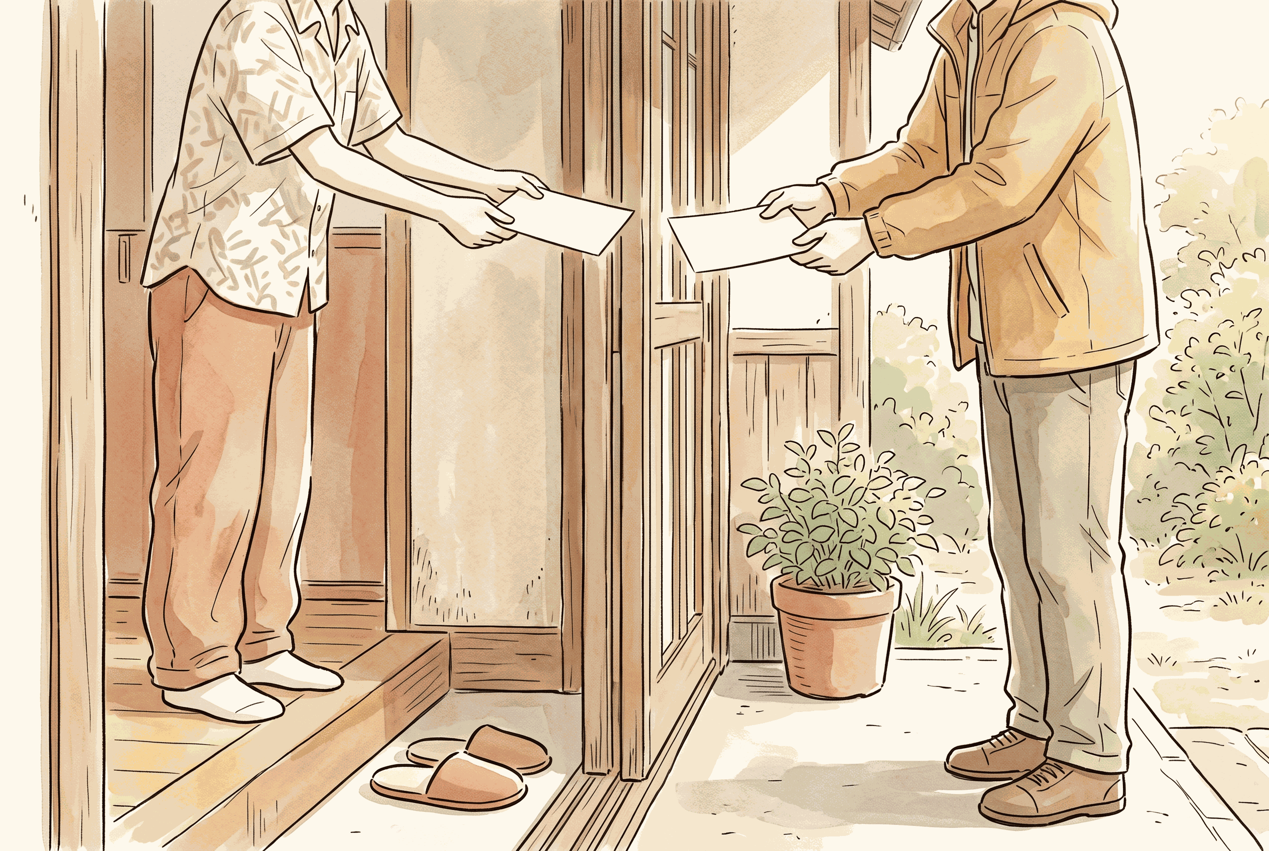玄関先で、お互いに案内のチラシを1枚ずつ渡し合う