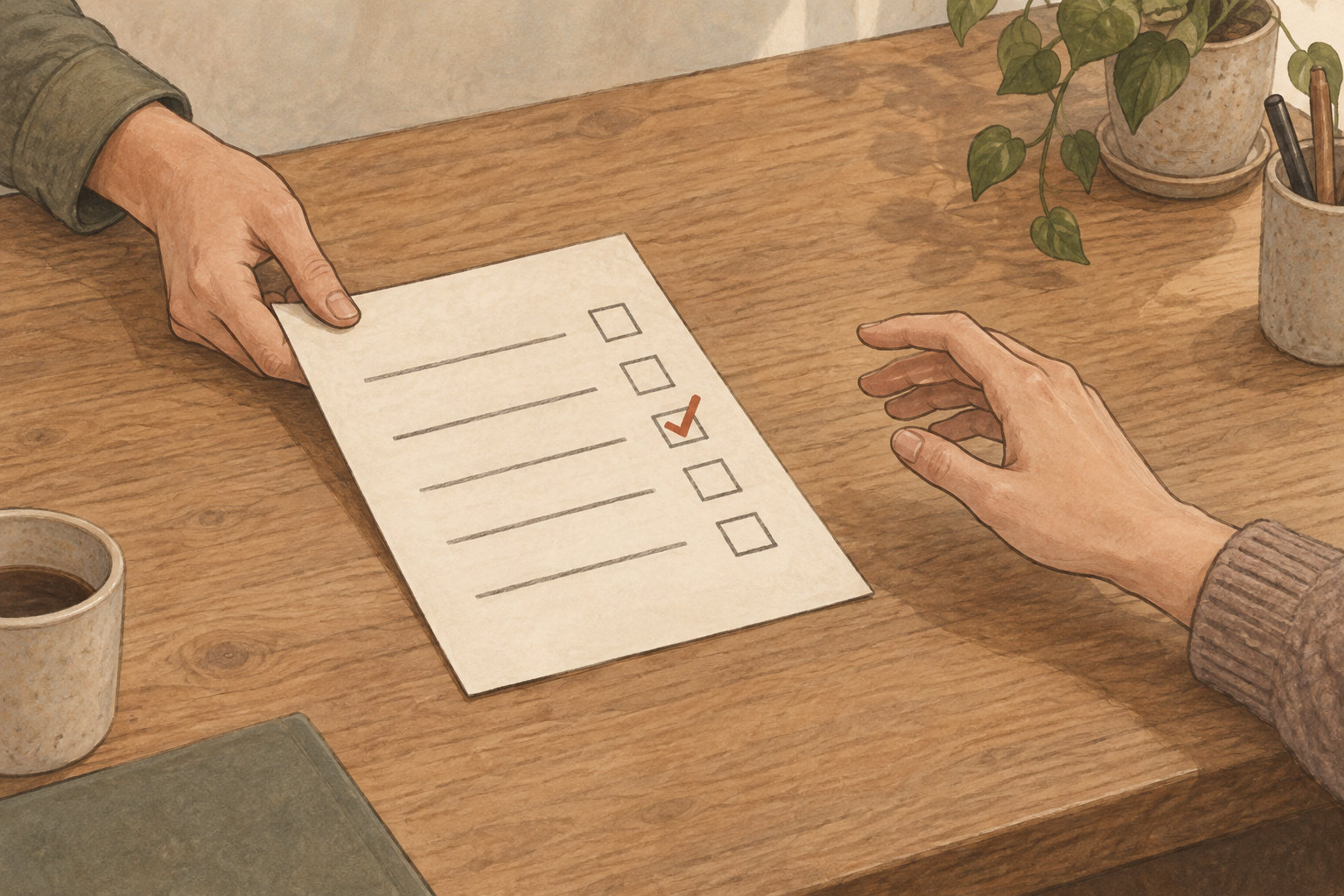 答え欄に印が付いたままの質問用紙を差し出される場面