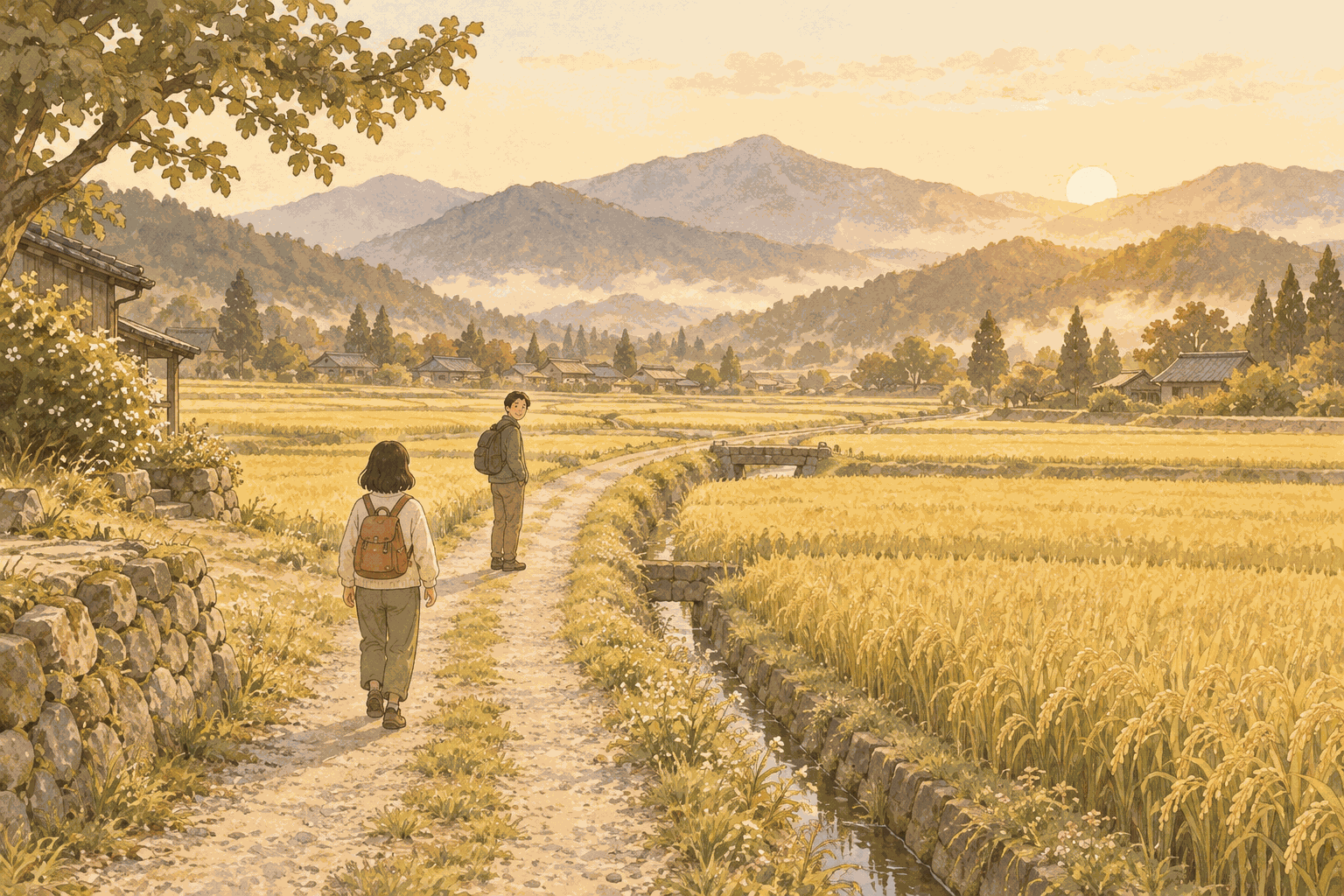 田んぼの間の道で、少し先を歩く人が振り返り、後ろの人が追いつくのを待っているイラスト