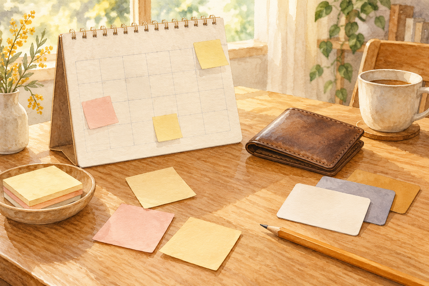 予定を書き込むためのカレンダーと付箋が並んだ机の水彩画