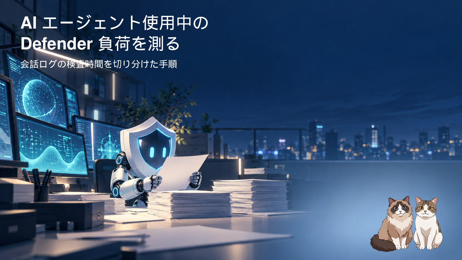 何台もの画面のそばで、盾の形の見張り番が書類の束を一枚ずつ調べている夜の作業部屋