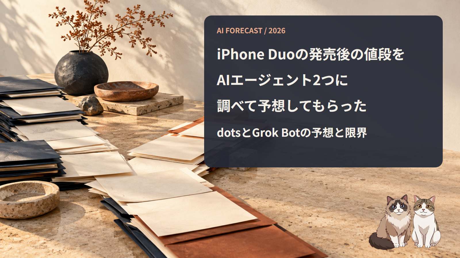 2つの流れから資料が机に集まる静物。dotsとGrok BotがiPhone Duoの値段を調べて予想したという題字