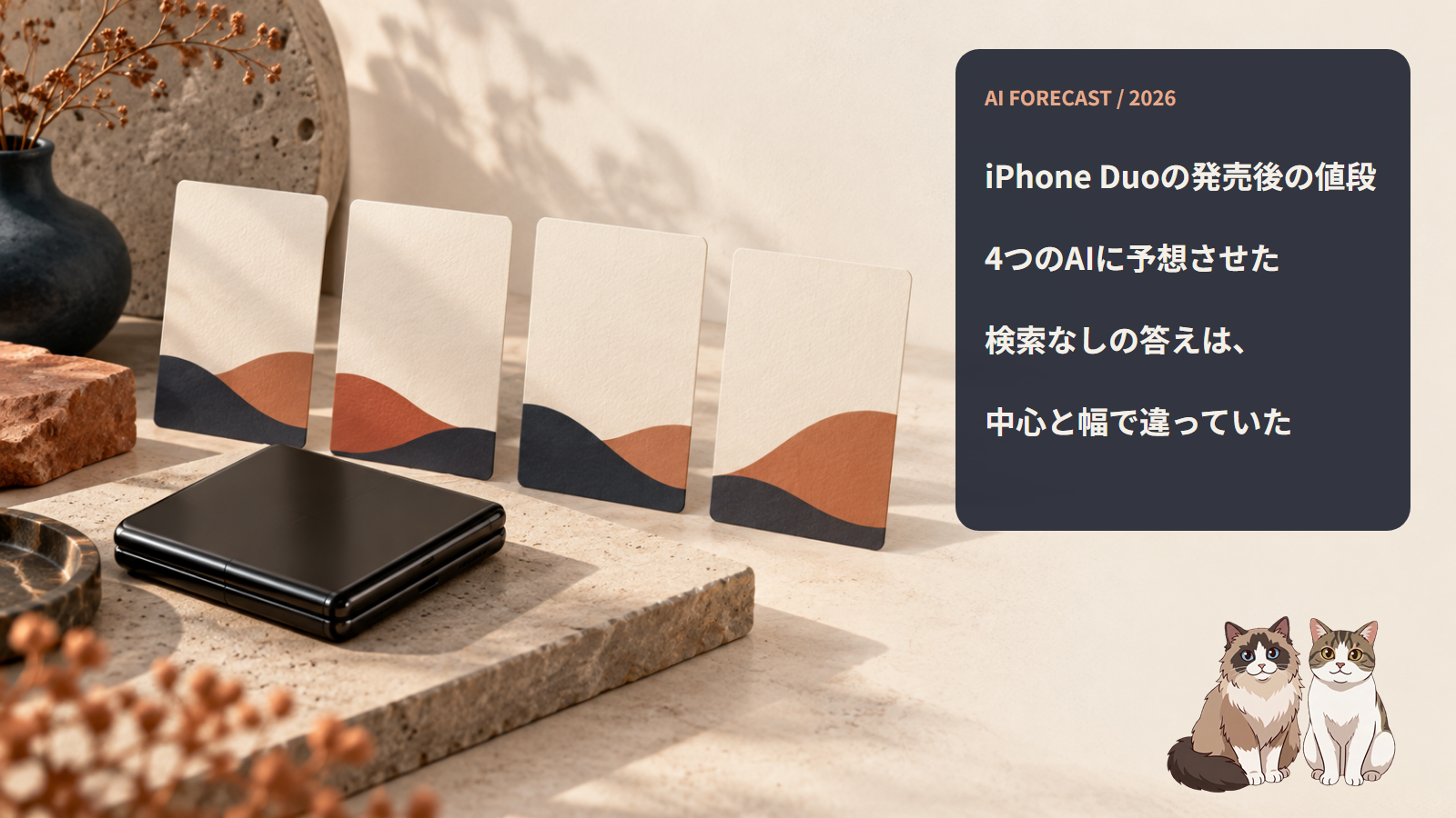 同じ資料を囲む4枚の予想の札。iPhone Duoの発売後の値段を4つのAIに予想させた題字