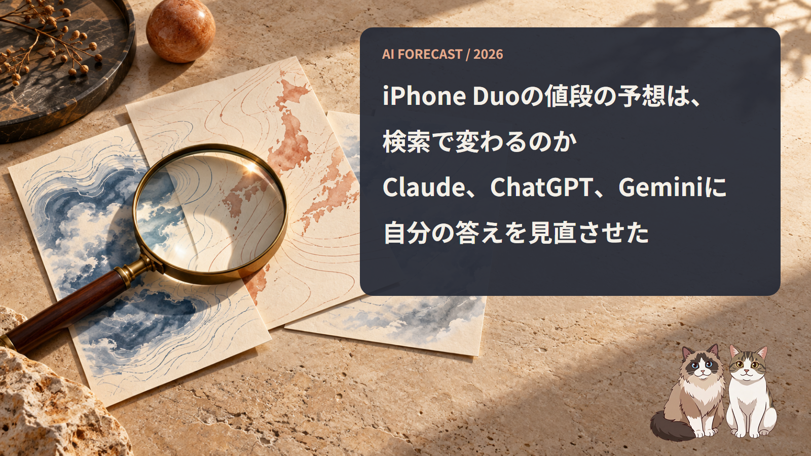 虫眼鏡で予想の記録を見直す様子。iPhone Duoの値段の予想は検索で変わるのかという題字