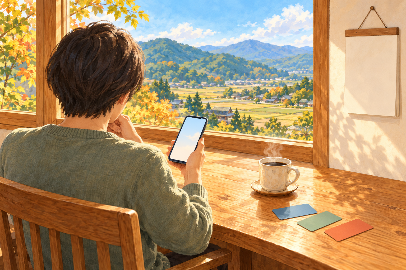 秋の窓辺の机で、スマホを眺めて考え込む後ろ姿の水彩画