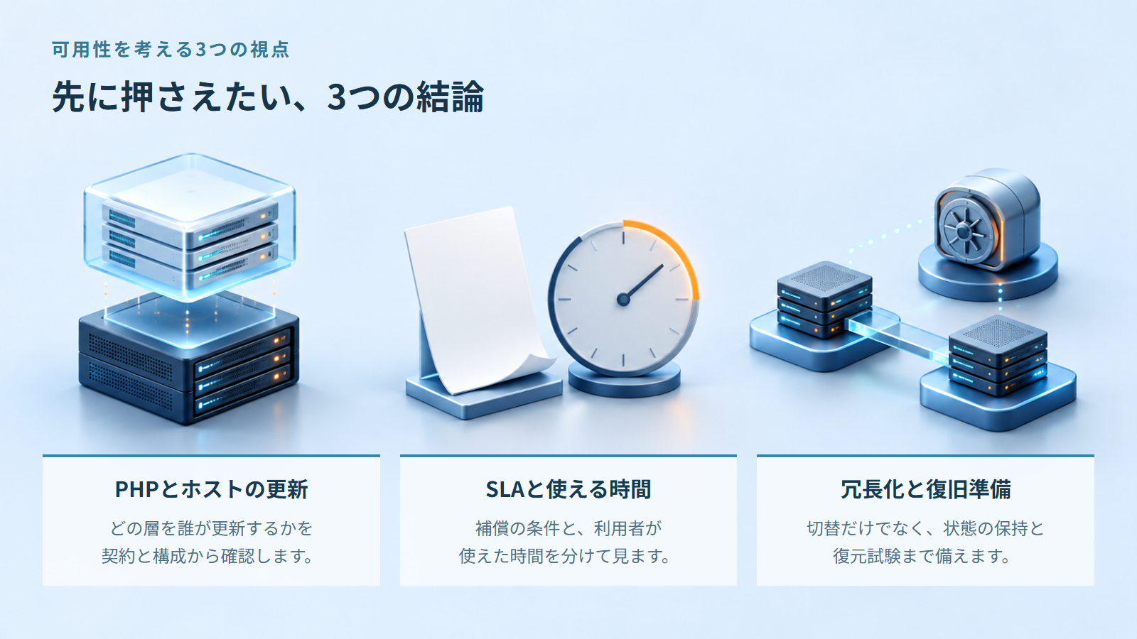PHPとホストの更新、SLAと使える時間、冗長化と復旧準備という三つの視点
